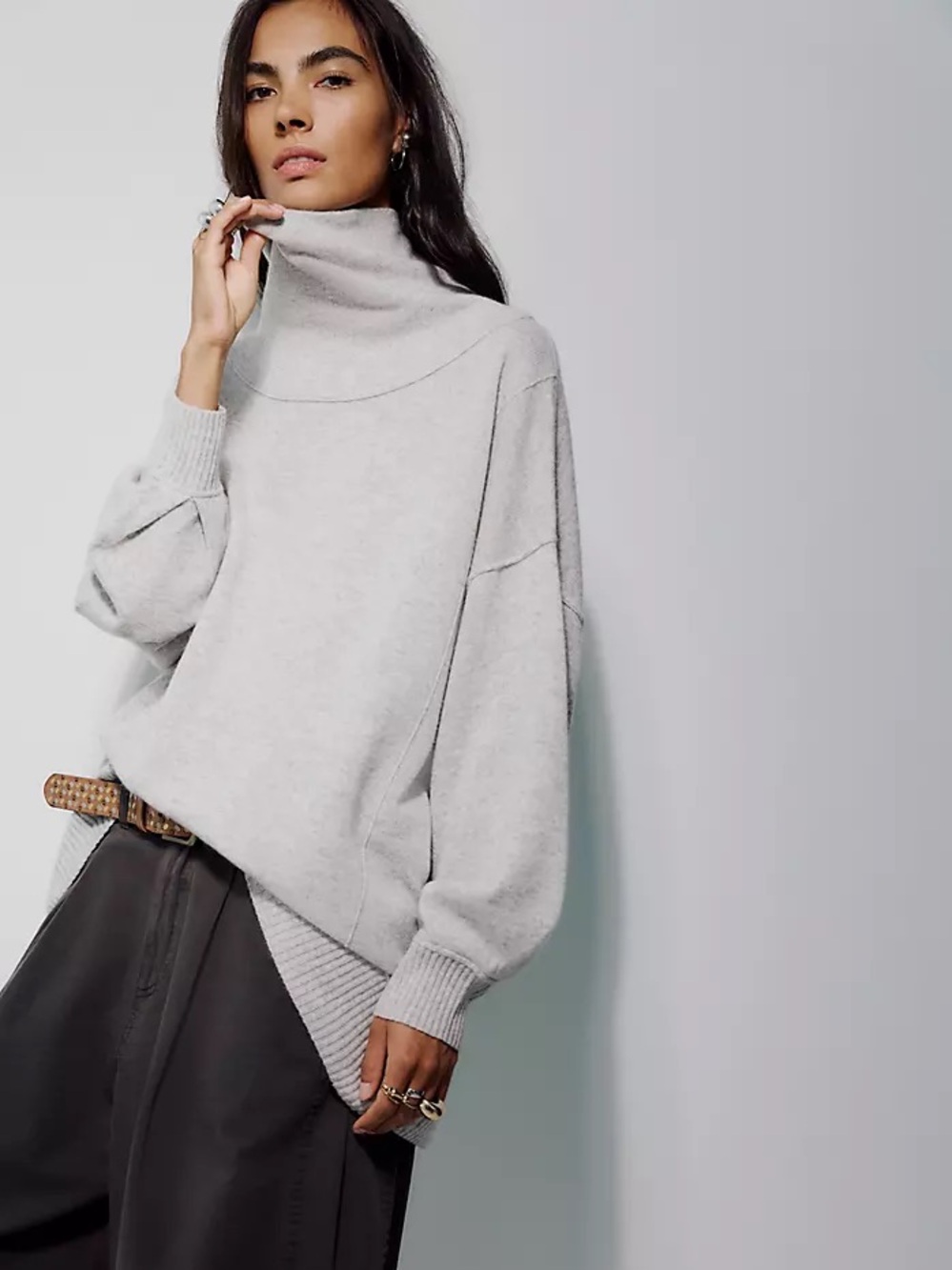 Free People Light Gray Turtleneck Tunic Womenâs Sweater